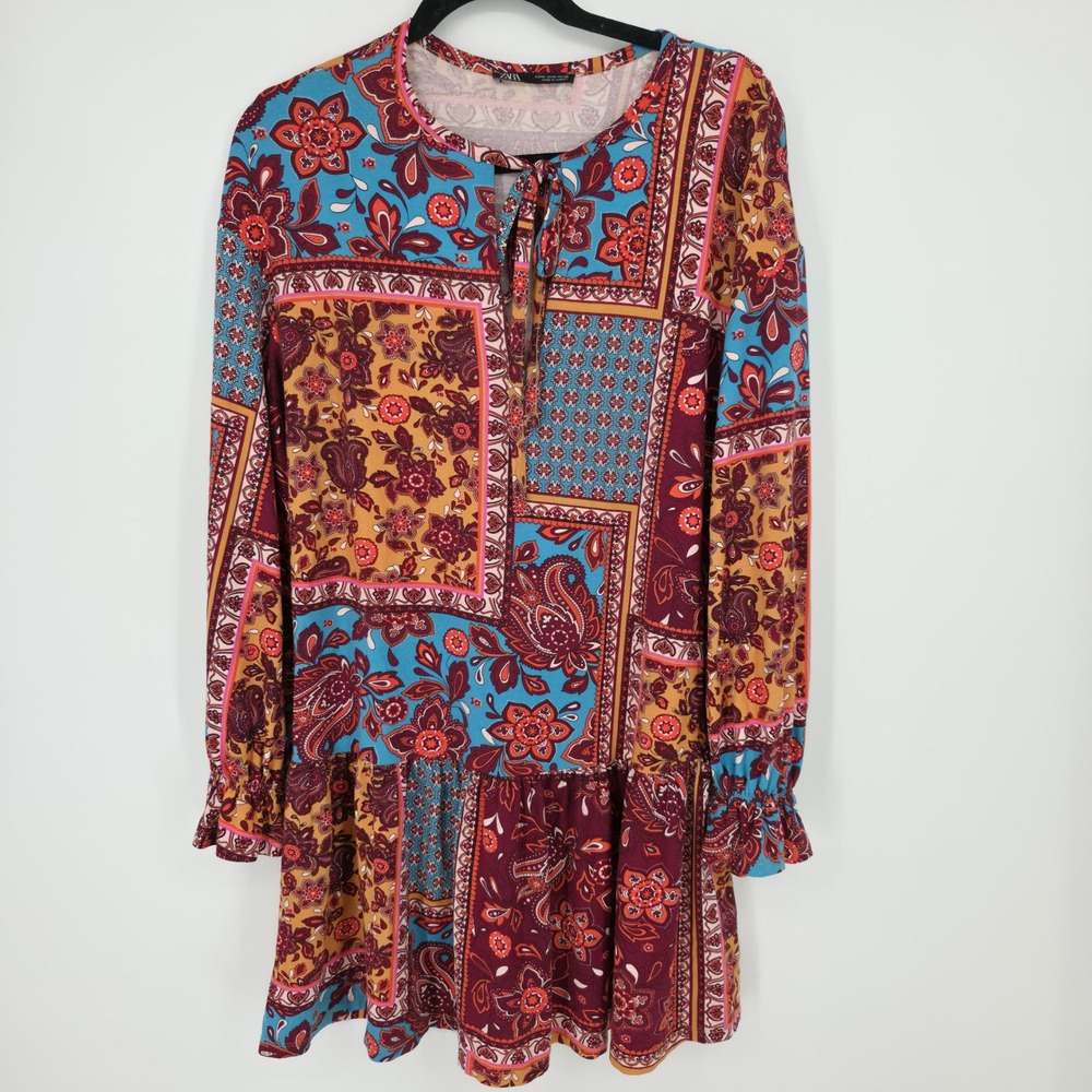 ZARA Patchwork Boho Paisley Print Long‎ Sleeve Tiered Mini Dress Womens M